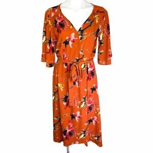 One Story Orange Floral Wrap Midi Dress Size M Made in USA Belted